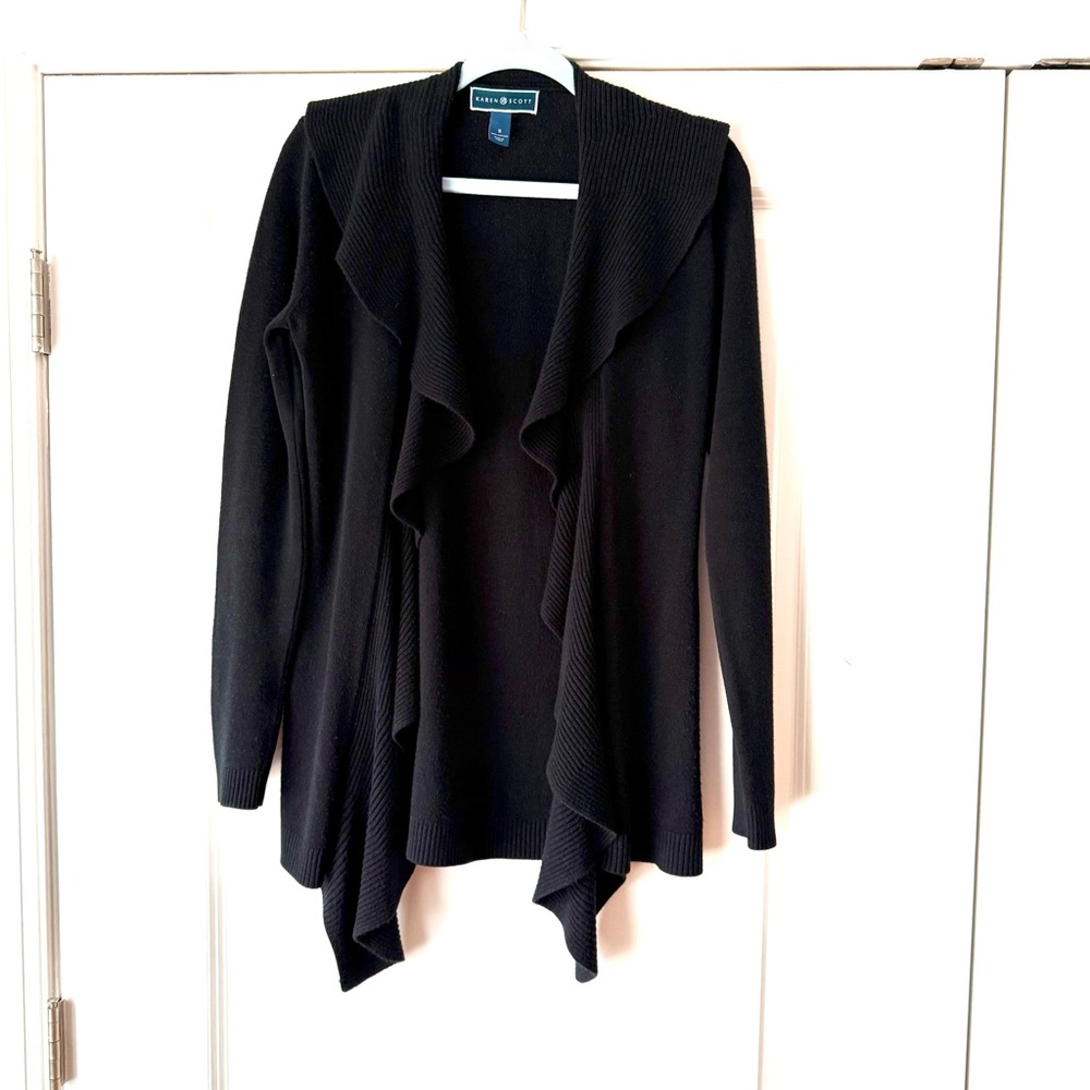 Karen Scott Black Open Front Ribbed Waterfall Cardigan, Small